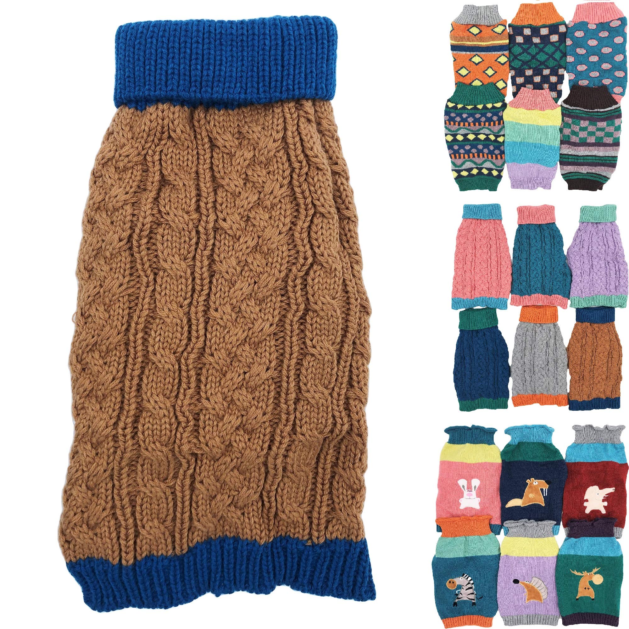 Dog Sweater Knitted Fashion Warm Soft Winter Clothes for Small Large Pet Cat Puppy (M: Length - 15", Brown)