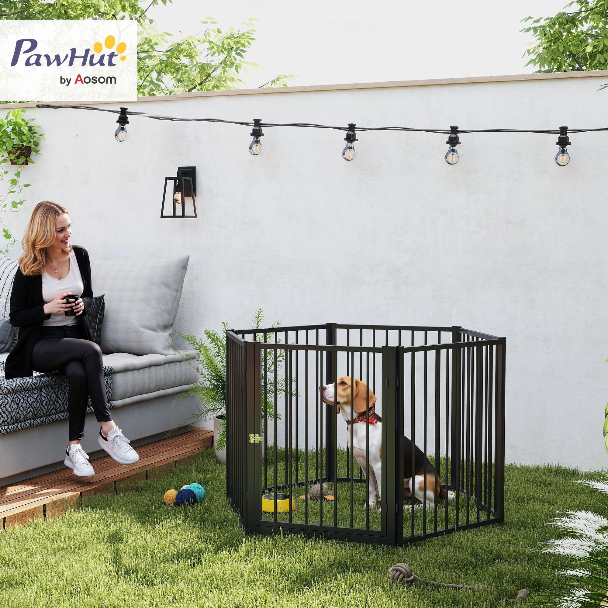 PawHut Welpenlaufstall 6-TLG Welpenauslauf mit 6 Gitterplatten Tür flexibel faltbar Freilaufgehege 76cm hoch Hundelaufstall Welpengitter für kleine und mittelgroße Hunde für drinnen, draußen, Garten 2