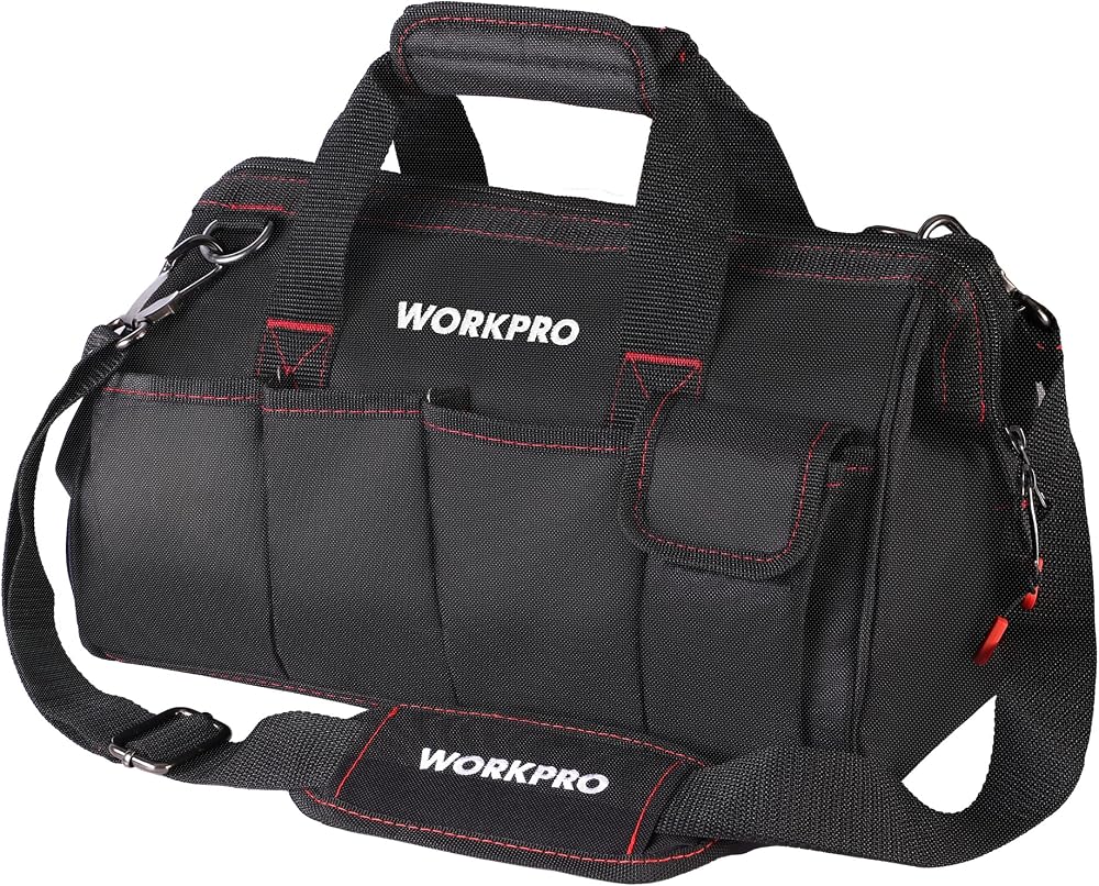 WORKPRO 14-Inch Wide Mouth Tool Bag Storage Organizer Blue Black Polyester