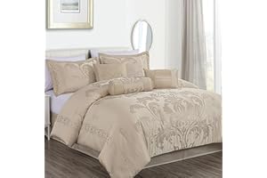 Chezmoi Collection Royale 7-Piece Jacquard Floral Comforter Set, California King, Champagne