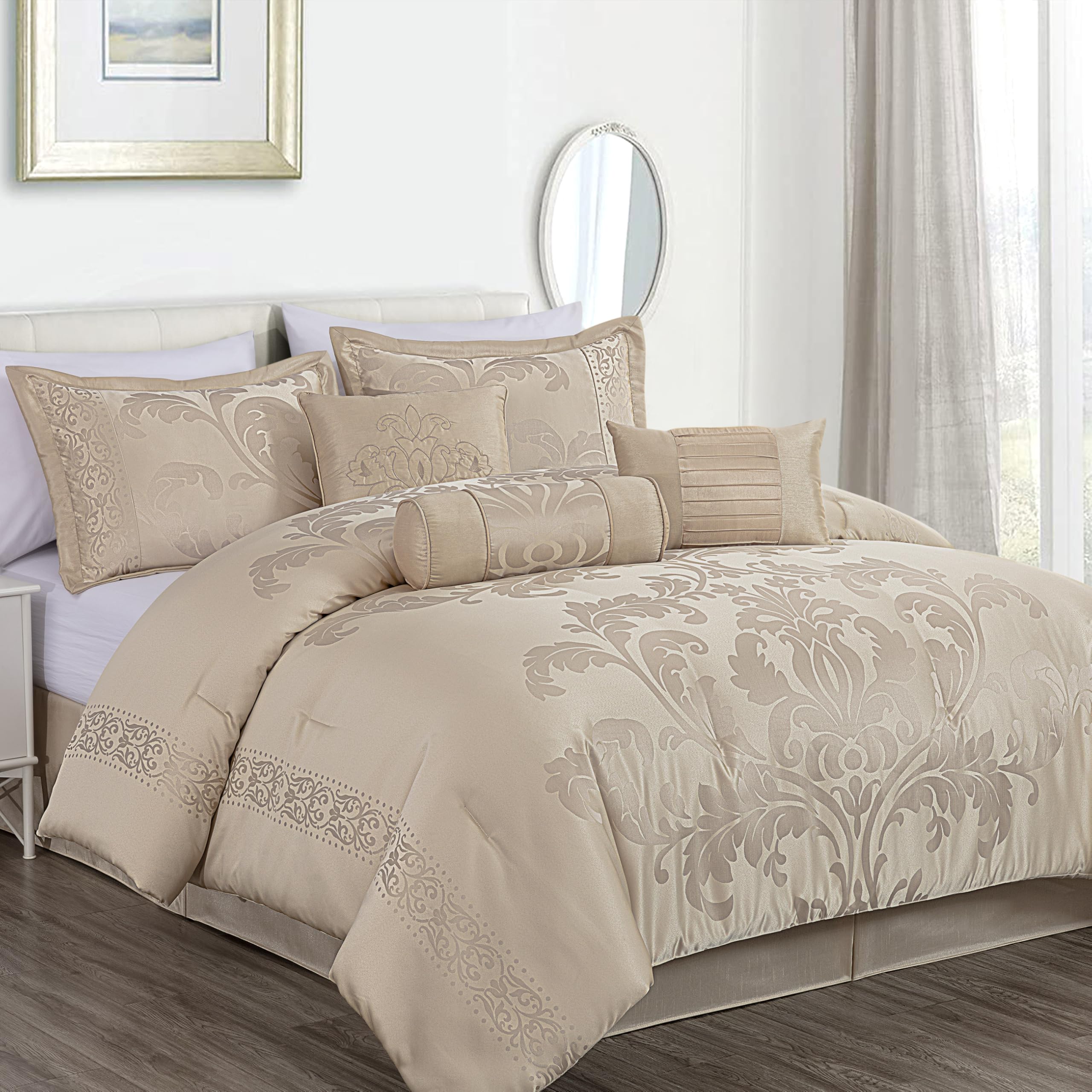 Photo 1 of ***Partial set - comforter only***Chezmoi Collection Royale 7-Piece Jacquard Floral Comforter Set, Oversized Queen, Champagne