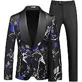 MOGU Mens 3 Piece Suit Slim Fit Tuxedo Floral Print Jacket Vest Pants Set for Wedding Prom Dinner