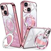 Silverback for iPhone 15 Case with Soft Silicone Grip and O-Ring Stand Compatible with Magsafe, Women Girls Bling Sparkly Protective Phone Case Cover, Clear Glitter Rose Gold