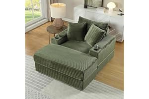 Tassullo Oversized Indoor Lounge Chaise Chair with Ottoman, Wide Corduroy Upholstered Sofa Chaise Pocket Spring Cushion, Cozy Living Room Chair with Storage Armrest & Cupholders (Green)