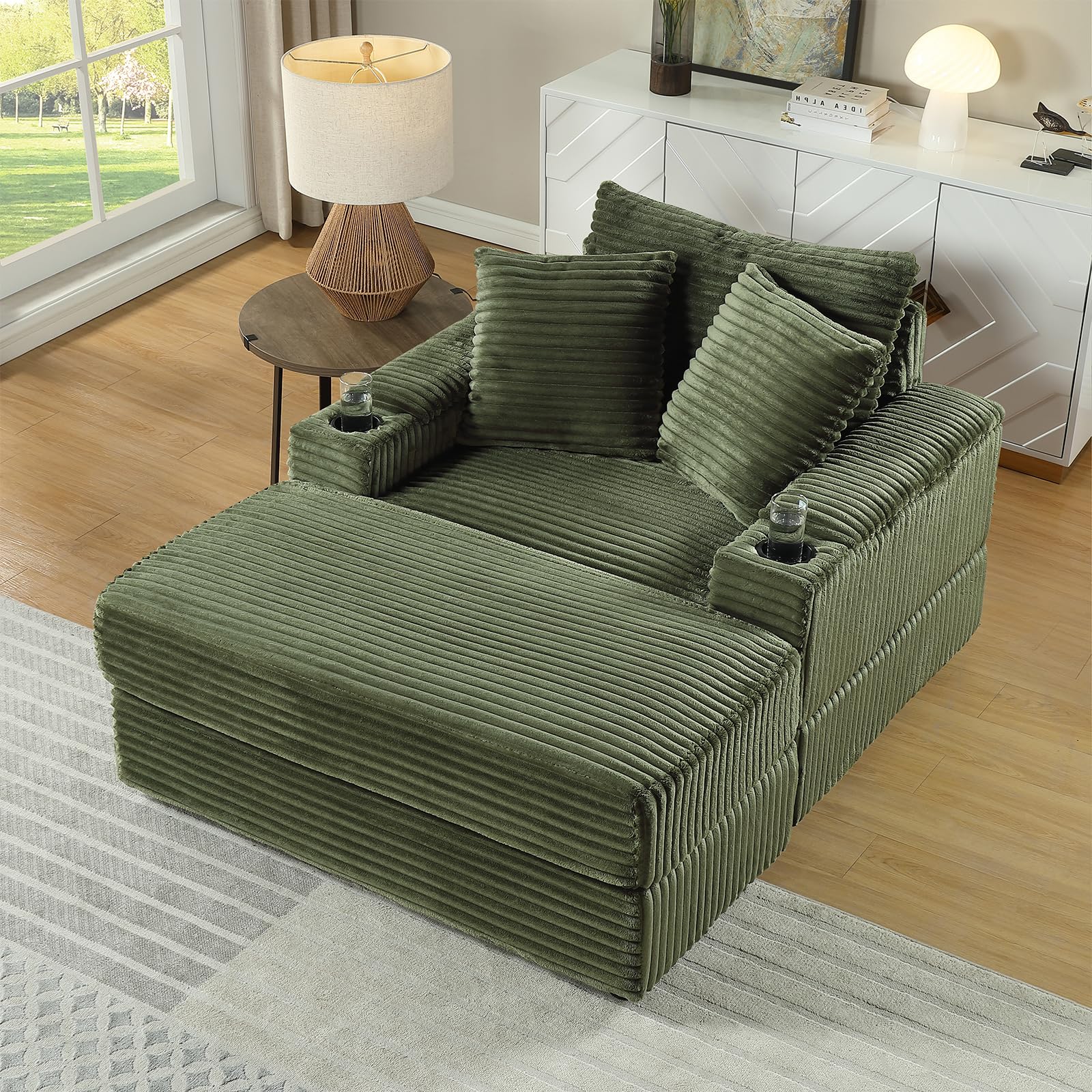 Photo 1 of **PARTIAL SET!! NOT WHOLE CHAIR**

Tassullo Oversized Indoor Lounge Chaise Chair with Ottoman, Wide Corduroy Upholstered Sofa Chaise Pocket Spring Cushion, Cozy Living Room Chair with Storage Armrest & Cupholders (Green)
