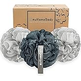 myHomeBody Large 70g Loofah Sponge, Body Scrubber, Bath Sponge, Loofah for Women, Men, Exfoliating Sponge Shower Pouf with Activated Charcoal - 2 Fog Gray + 1 Midnight Blue, 3 Pack