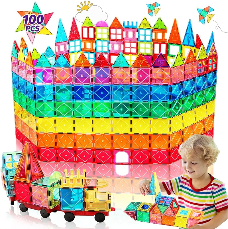 obakaer 100PCS Magnetic Tiles Building Blocks with 2 Cars STEM Learning