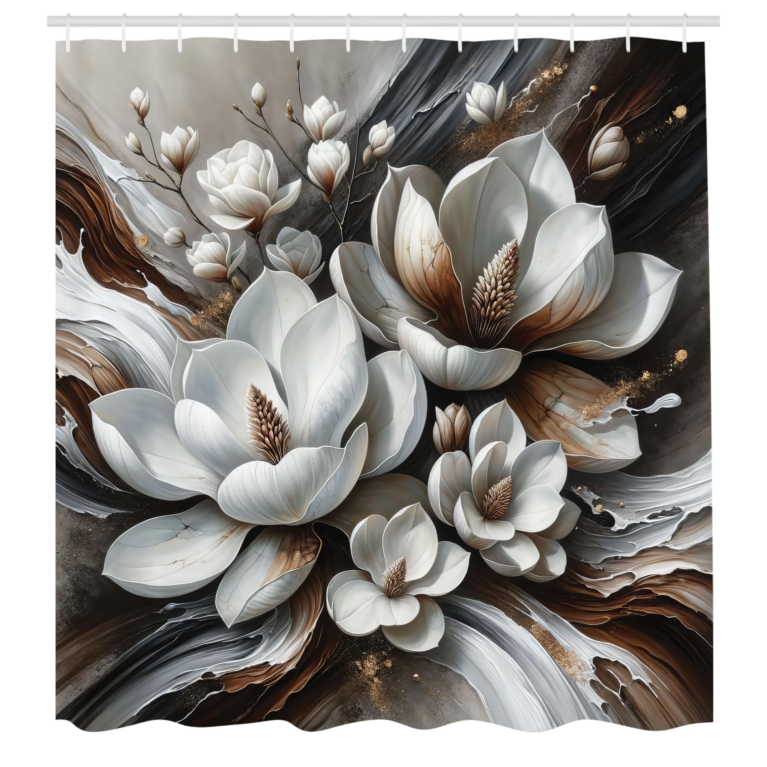 ABAKUHAUS Brown Shower Curtain, Magnolia on Watercolor Hues, Cloth Fabric Bathroom Decor Set with Hooks, 175 x 200 cm, White Dark Grey Chocolate