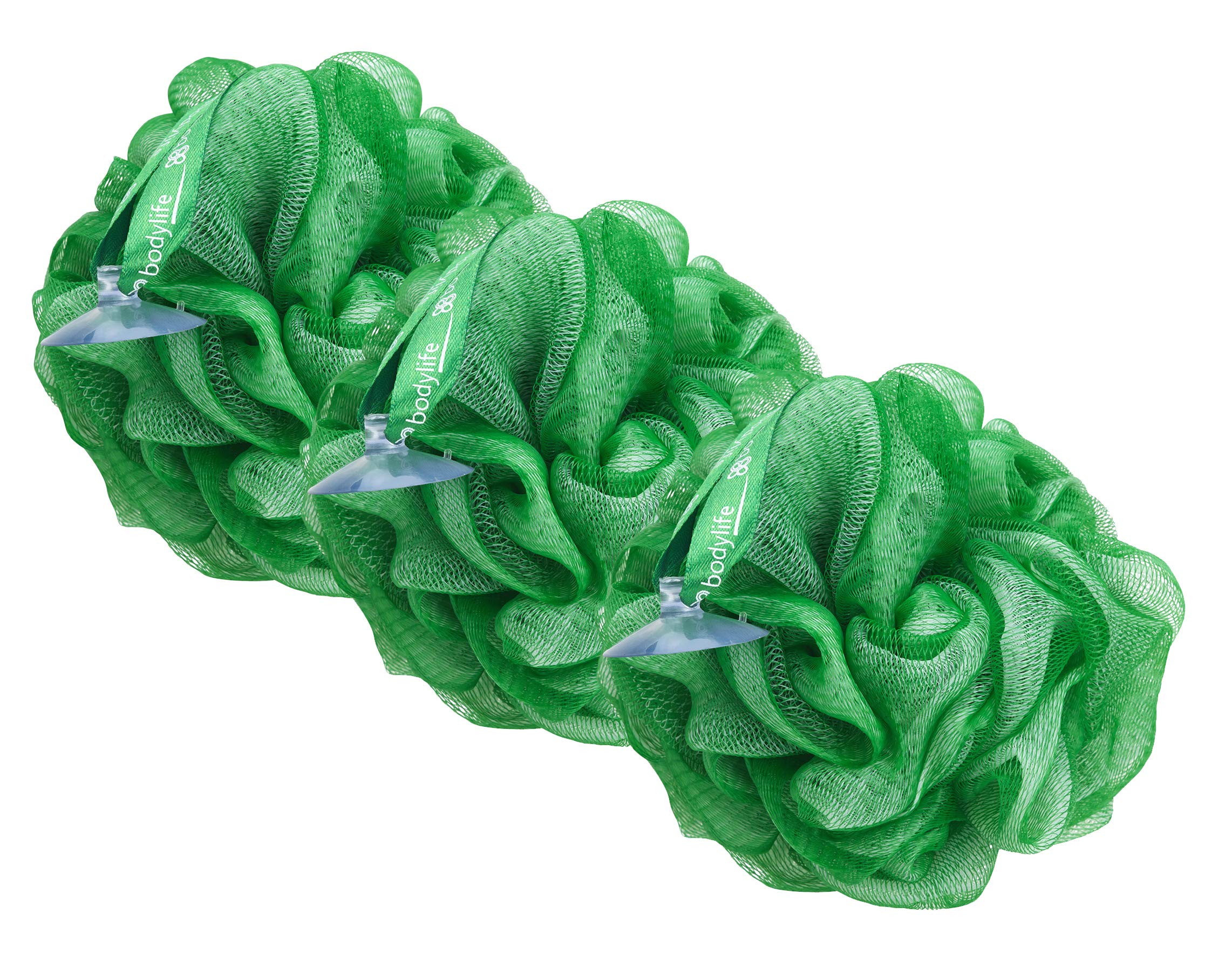 Bodylife Body Buffer, Puff, Exfoliating Bath & Shower Body Pouf, Scrunchie, Body Scrubber Green & White 55g Triple Pack