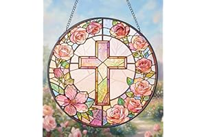 FancyPlus Sun Catcher Cross Stained Glass 7.9 Inch Suncatcher Religious Cross and Roses Suncatchers for Windows Hanging Gifts