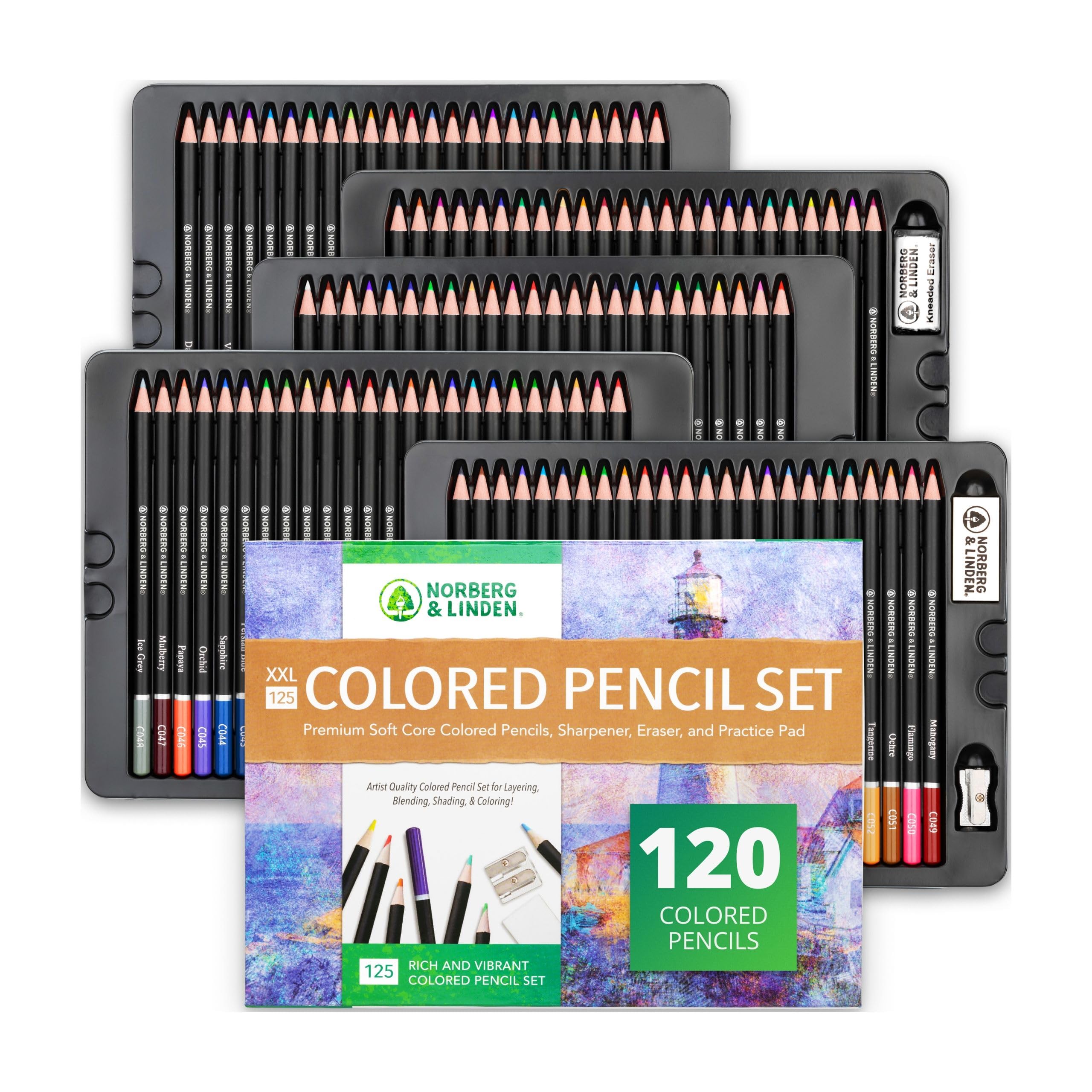 Norberg & Linden XXL Colored Pencil Set - 120 Art Pencils, Drawing Paper Pad, 2 Erasers, & 2 Sharpeners - Soft Wax Core for Blending & Shading - Complete Kit for Professional & Beginner Artists