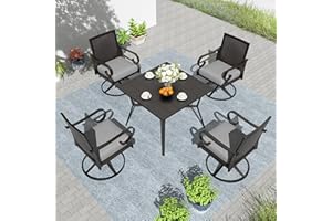 RTDTD 5 Pieces Outdoor Dining Set Patio Dining Table and Chairs Set Outdoor Furniture Set with 1 Square Metal Dining Table with Umbrella Hole，4 Wicker Swivel Patio Chairs with Cushions (Grey)