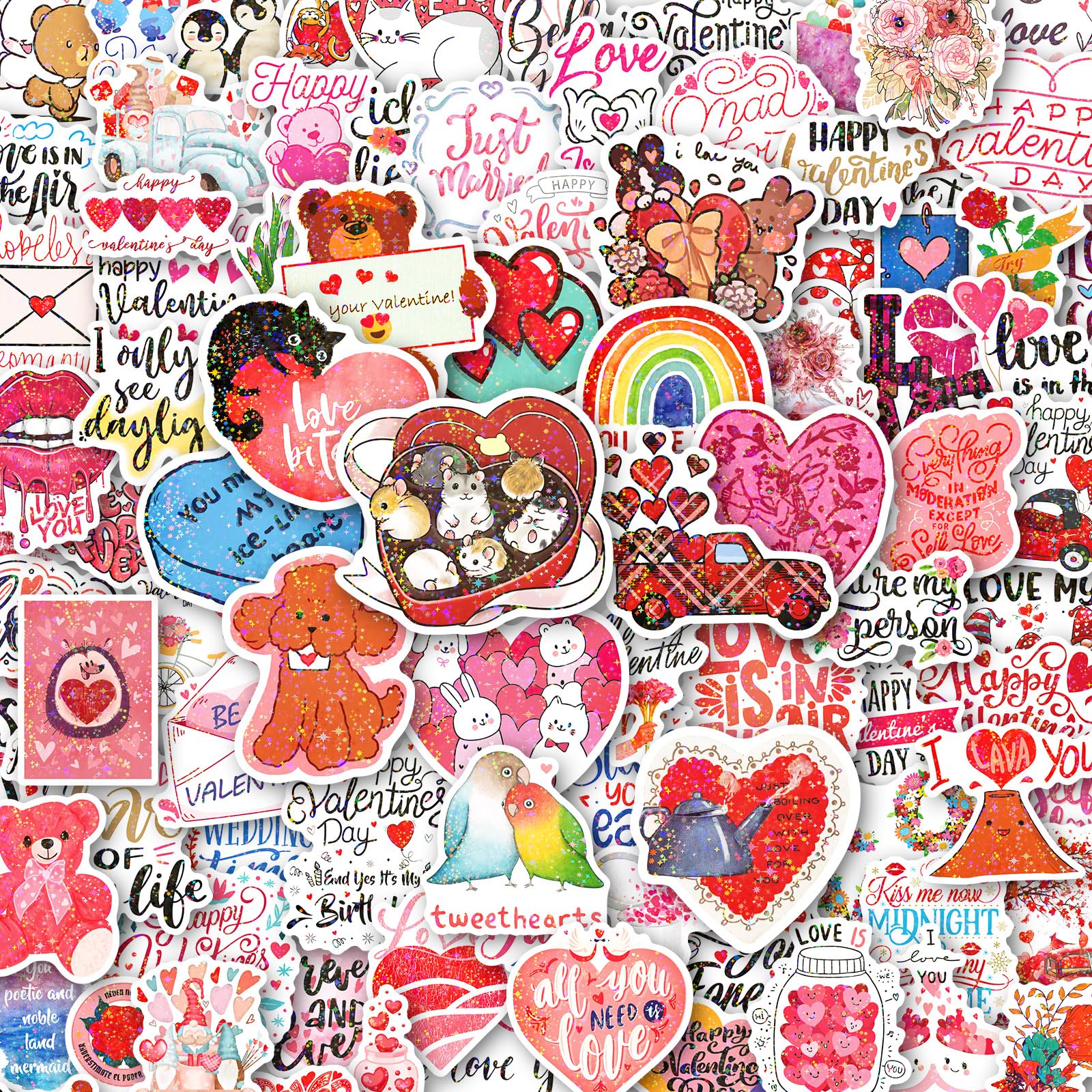 Photo 1 of 100Pcs Holographic Valentines Stickers for Kids, Heart Valentine's Stickers Bulk for Valentines Day Gifts for Kids Classroom School Exchange,Thickened Backing Vinyl Decals, Party Favors