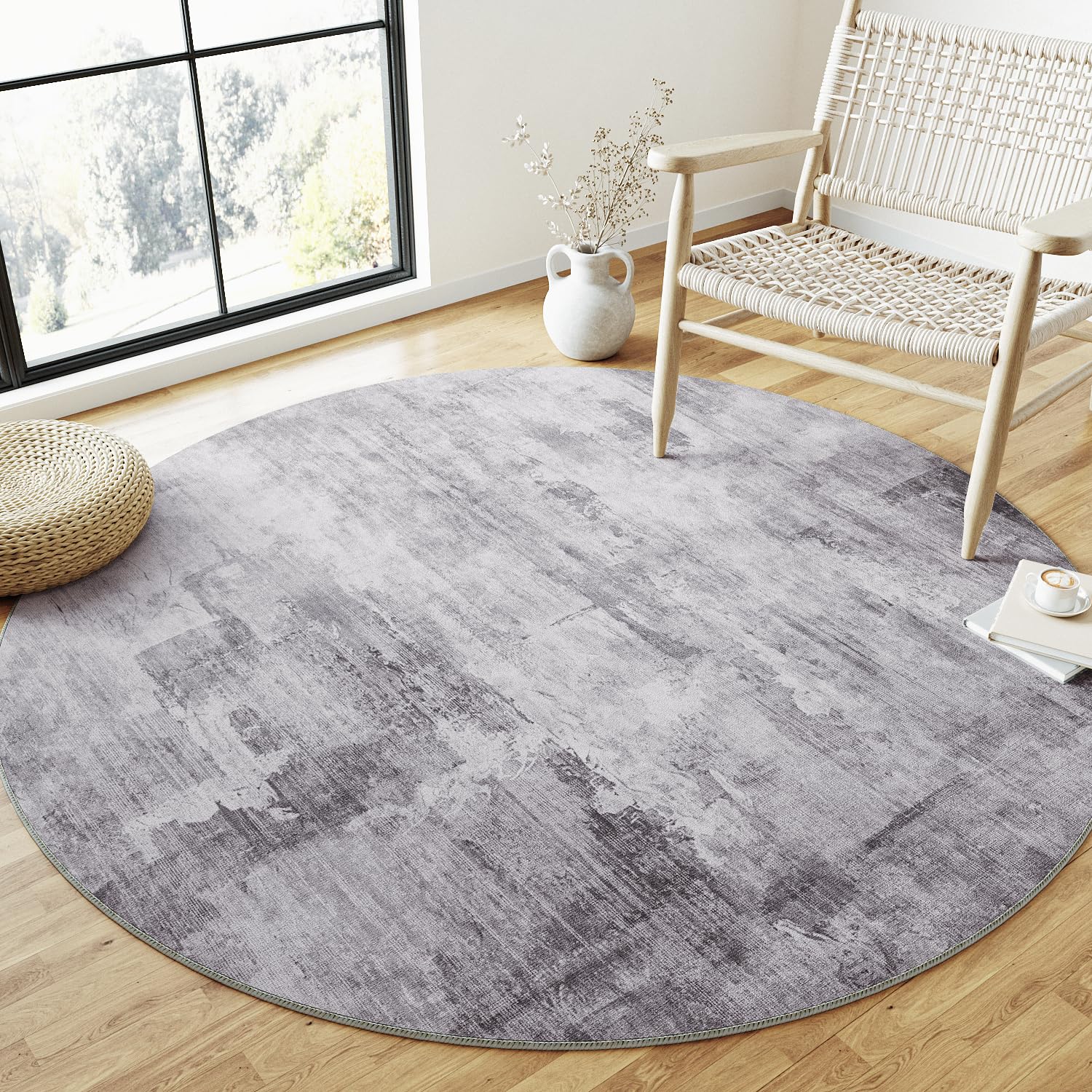 WondRg 5x5 Washable Round Rug Grey Abstract Modern