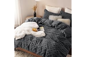 Bedsure Fluffy Duvet Cover Set - Faux Fur Comforter Cover Queen Size, Dark Grey Warm Plush Bedding for Winter, 3-Piece Set with Zipper Closure (90"x90") and 2 Pillow Shams, Comforter Sold Separately