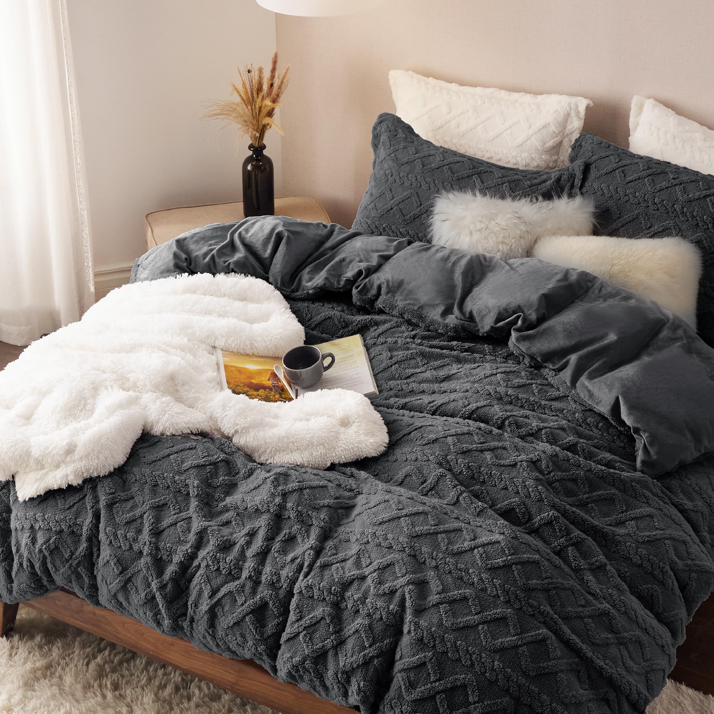 Photo 1 of Bedsure Fluffy Flannel Duvet Cover Set - Faux Fur Comforter Cover King Size, Dark Grey Warm Plush Bedding for Winter, 3-Piece Set with Zipper Closure (104"x90") and 2 Pillow Shams