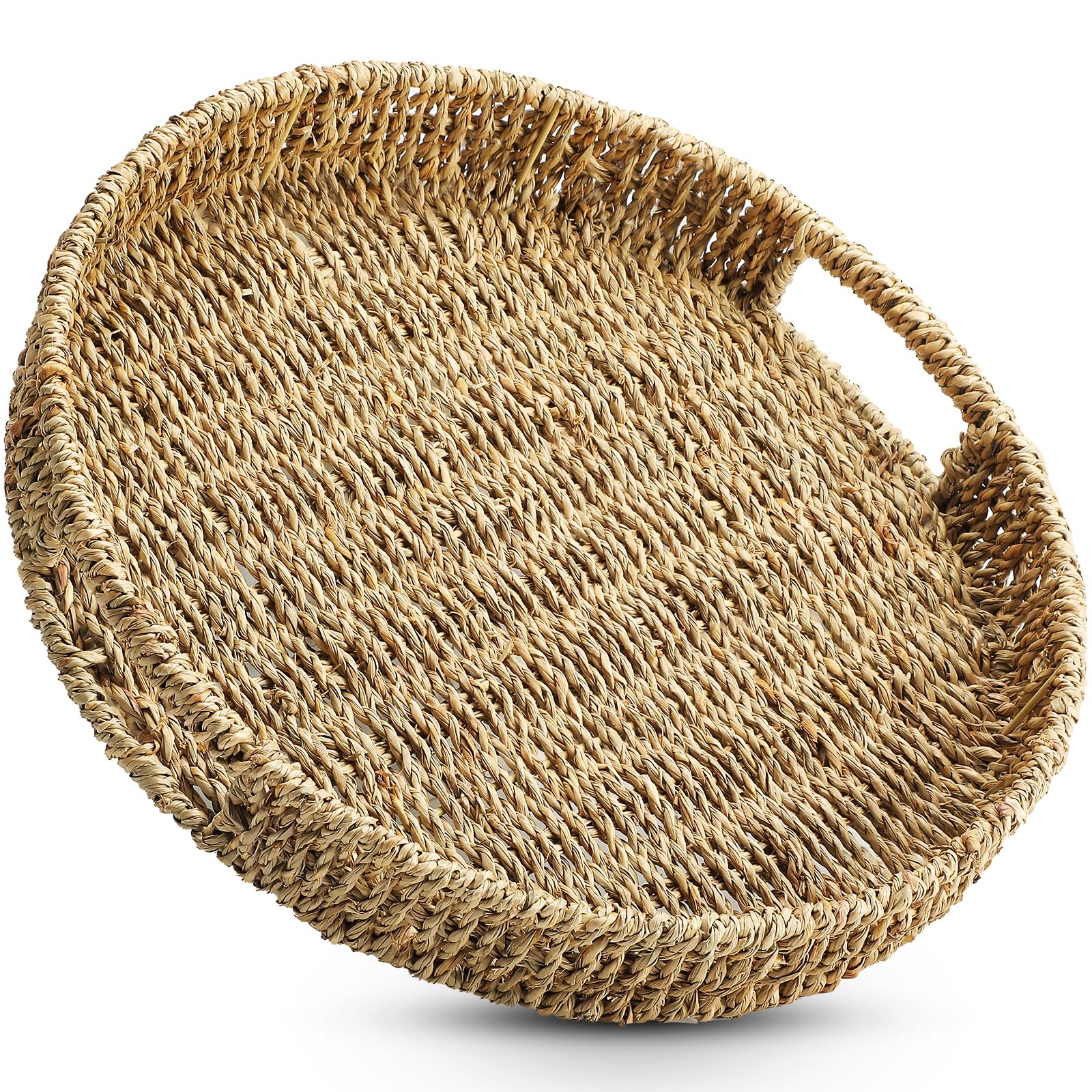 Photo 1 of MaxGear Round Woven Serving Tray with Handles, Handmade Seagrass Serving Trays Decor, 13 inch Natural Seagrass Decorative Basket for Home and Kitchen