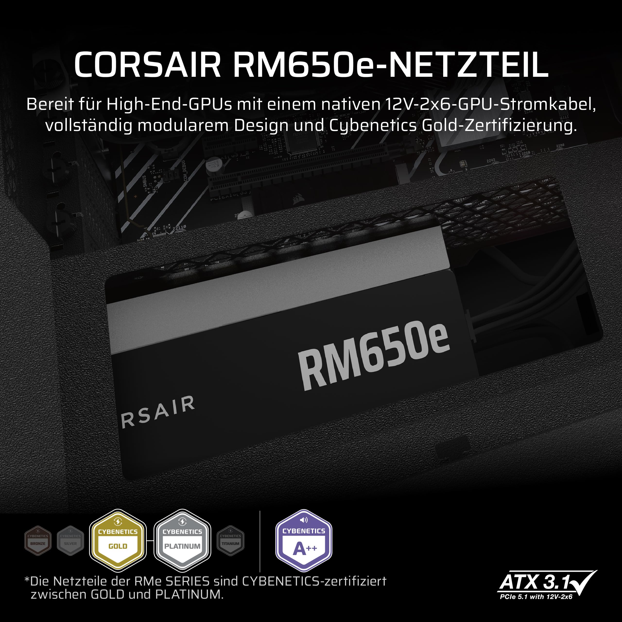 CORSAIR RM650e (2025) Geräuscharmes Vollständig Modulares ATX-Netzteil mit 12V-2x6 Kable – Zero RPM-Lüftermodus, ATX 3.1-Konform, PCIe 5.1-Unterstützung, Cybenetics Gold – Schwarz 2