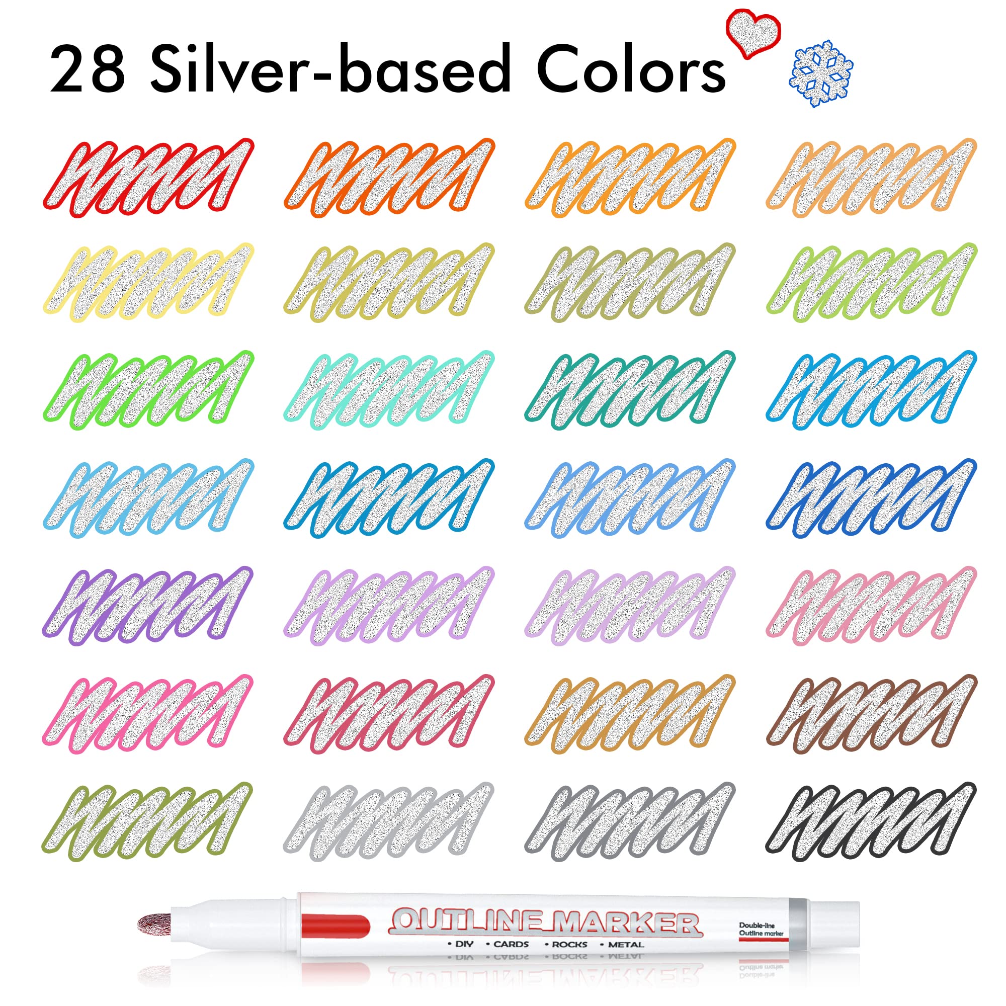Shuttle Art Double Line Outline Permanent Markers, 28 Colors Squiggles Shimmer Markers Set, Self Outline Metallic Marker Pens for Art, Drawing, Doodling, Card Making, Christmas Card, DIY Crafts