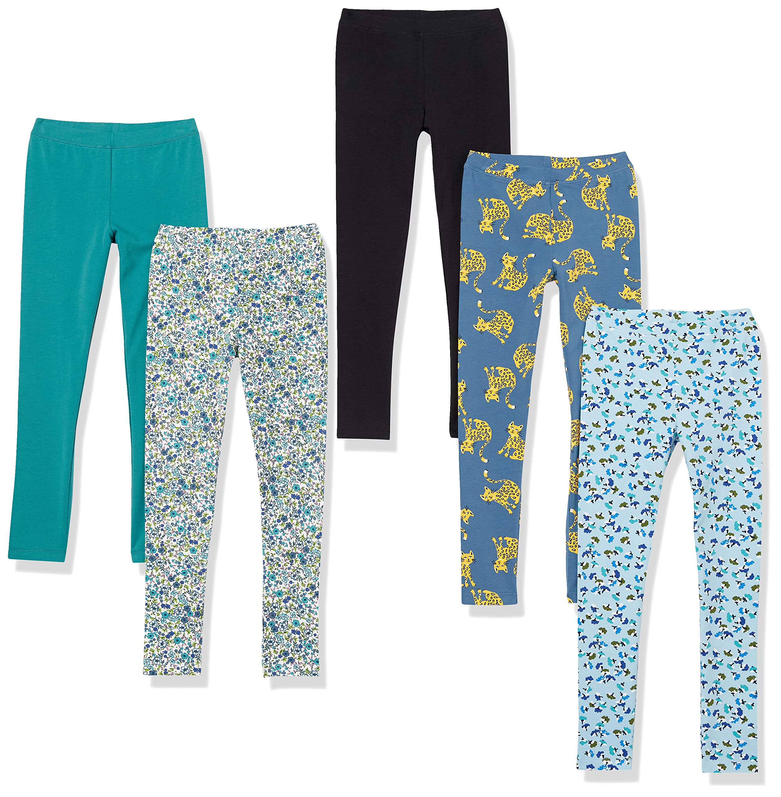 Photo 1 of Amazon Essentials Toddler Girls' Leggings, Pack of 2, Black/Blue Leaf Print/Indigo Big Cats/Turquoise Green/White Floral, 3T
