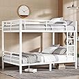 XUWANSHANG Full XL Over Full XL Bunk Bed Frame, Heavy Duty Metal Loft Bed for Adults/Teens, 400/600LB Capacity w/Ladder & Guardrail, Noise-Free Steel Slats, No Box Spring Required, White