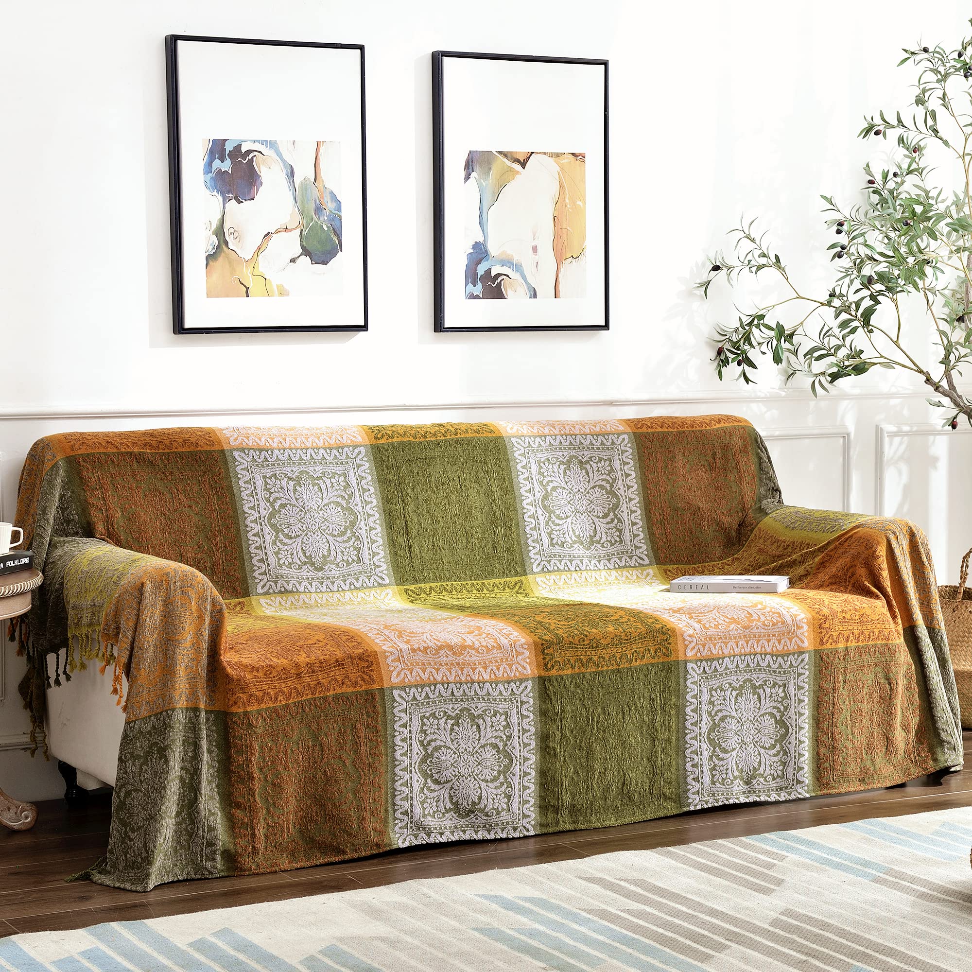 Edcooy Throws for Sofas Large, Colorful Chenille Tassels Woven Hippie Throw Blankets for Couch Bed Sofa Settees,Bohemian Fringe Tassels Decor Home (Green, Large220x260cm)… — image 1