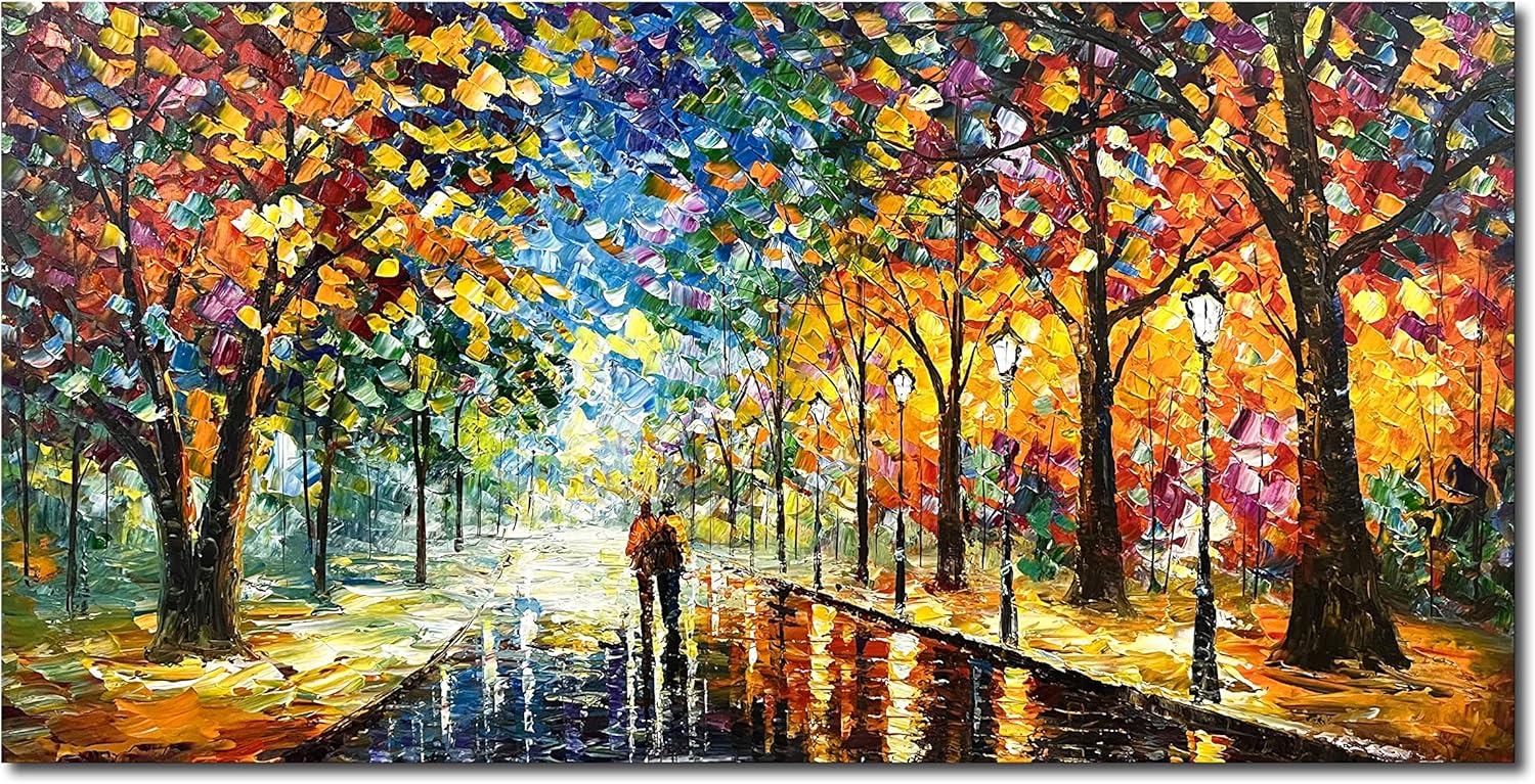 Paintings - Diathou Hand-painted Park Landscape modern oil on canvas, contemporary abstract art paintings, 24x48 inch wall decorations