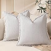 Hearthia Striped Throw Pillow Covers, Chic Fringe Pillowcases with Zipper Set Cushion Decorative Pillow Covers 18x18 inch Set of 2 for Sofa Couch Sofa Bedroom Living Room Home Decor(Navy Blue)