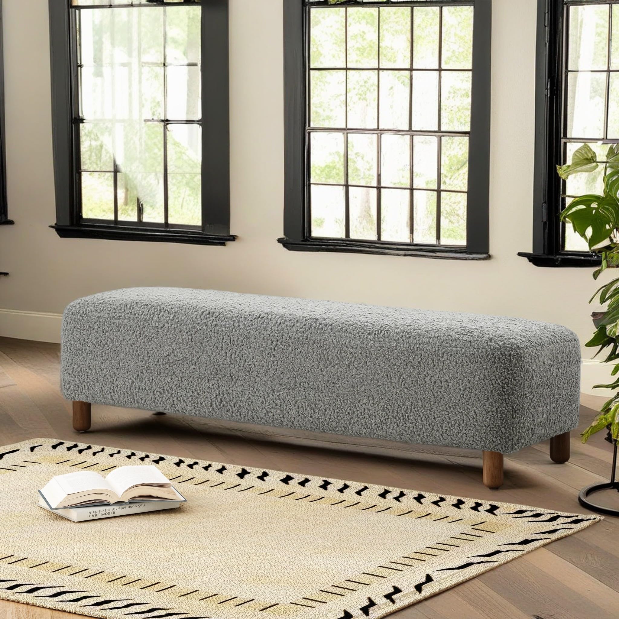 Photo 1 of Christopher Knight Home Boucle Ottoman, Rectangular Ottoman Bench, Foot Rest Bench, 60.25" Long Side Stool, Soft Seating, Upholstered Foot Stool for Living Room, Entryway and Bed Room, 250lbs Gray