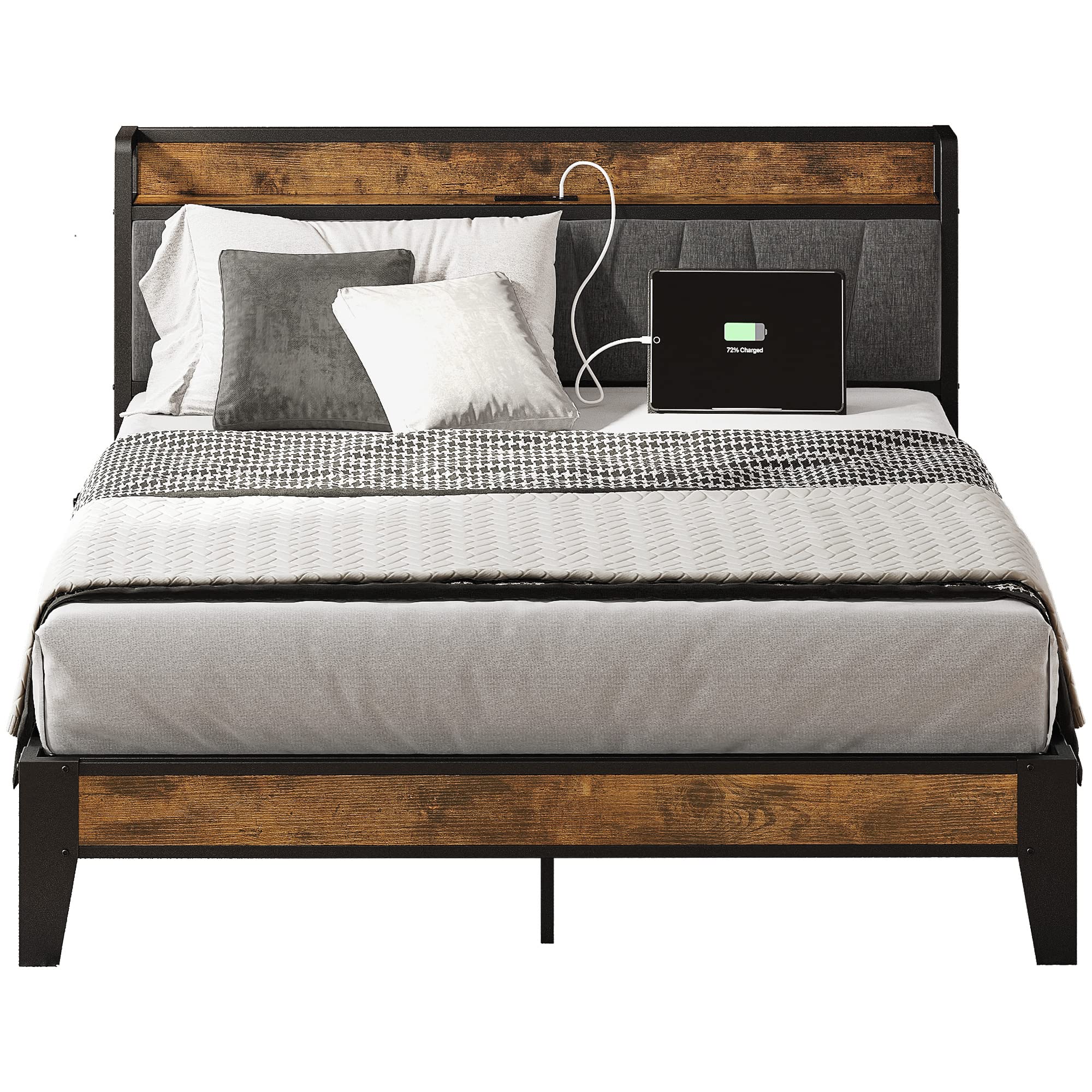 LIKIMIO Full Bed Frame, Storage Headboard with Charging Station, Solid and Stable, Noise Free, No Box Spring Needed, Easy Assembly Image