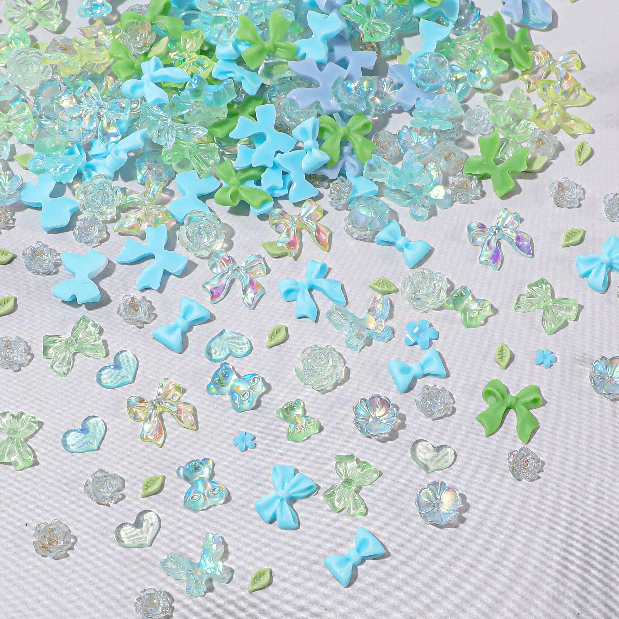 400PCS Multi Shapes 3D Resin Nail Art Charms - Flower, Bow, Bear, Moon, Heart Nail Rhinestones for DIY Crafts & Jewelry Accessories (Blue)