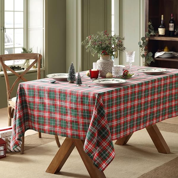 HOME BARGAINS PLUS RUDOLPH PLAID FABRIC TABLECLOTH, 60 X 120 INCH RECTANGLE, TRADITIONAL RED AND GREEN CHECK PATTERN, COTTON BLEND HOLIDAY TABLE COVER FOR CHRISTMAS DINING AND WINTER DECOR