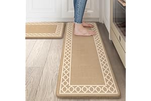 LEEVAN Anti Fatigue Mats for Kitchen Floor Non-Slip, Cushioned Kitchen Mats for Floor 2 Piece, Tan Memory Foam Kitchen Mat Set, Waterproof Ergonomic Standing Mat for Bar, Office,Desk, Laundry