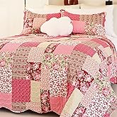Cmfshape Summer Floral Oversize King Bedspread,Romantic Pink Quilt Set King,Reversible Stitched Bedding Set All Season,Soft Lightweight Coverlet with Pillow Cases (Hot Pink&Rose, Super King114 x102)