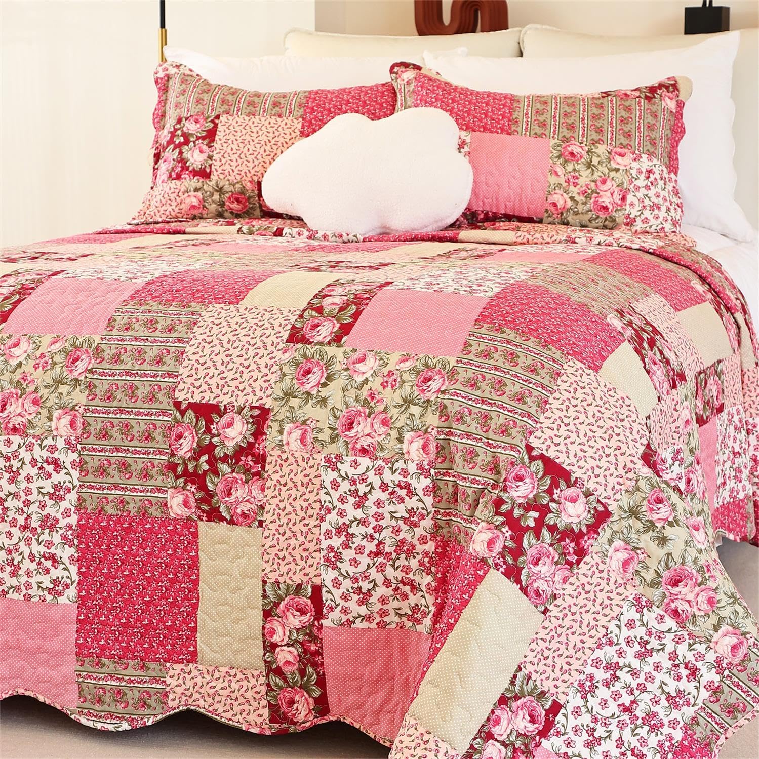 Photo 1 of Cmfshape Summer Floral California King Bedspread,Romantic Pink Quilt Set King,Reversible Stitched Bedding Set All Season,Soft Lightweight Coverlet with Pillow Cases (Hot Pink&Rose, King106 x96)