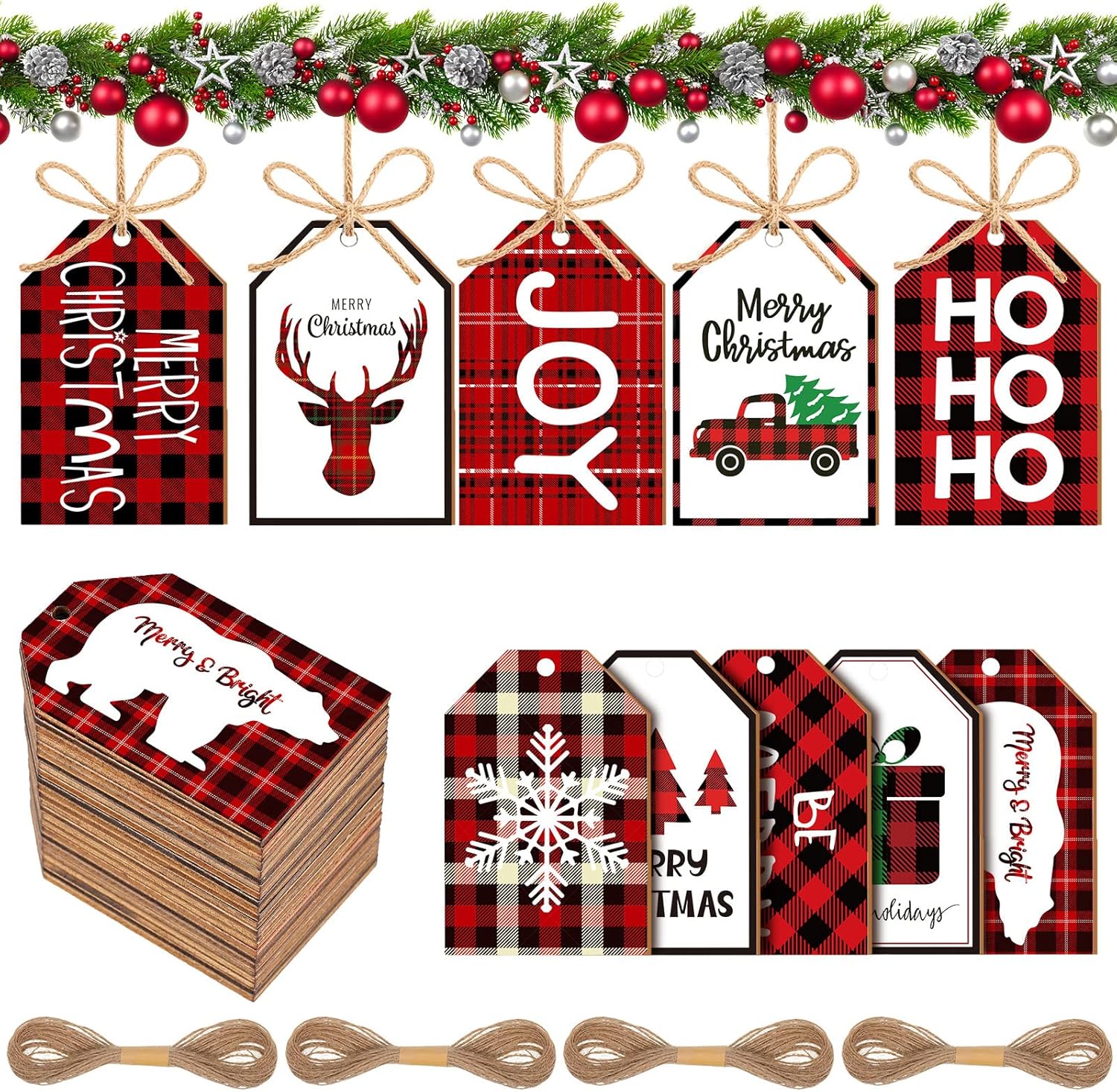 Ornaments - 60 Pieces Christmas Wooden Tag Labels Wood Buffalo Plaid Christmas Tree Ornaments Rustic Christmas Wishes Holiday Tags Vintage Hanging Crafts Label with Jute Ropes for Christmas Decoration, 3 x 2 Inch