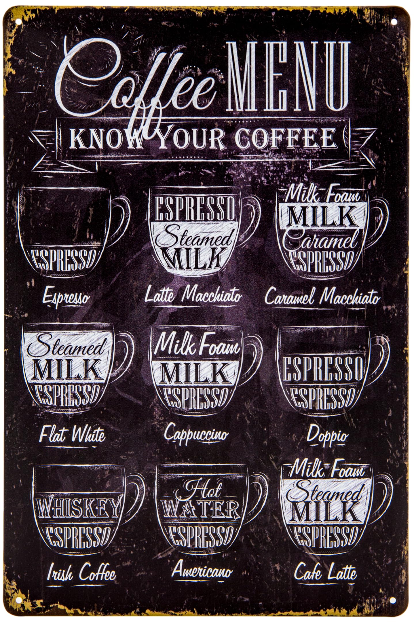 30 x 20 cm - Retro Kitchen Tin Sign - Coffee, Espresso, Capucchino, Caffe Latte, Kitchen Decorative Sign, Overview, Poster, Explanation, Recipe (Menu - I Know Your Coffee)