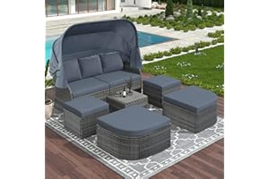 Evedy Retractable Canopy Conversation Furniture,Wicker Outdoor Sofa Bed & Sectional Couches, OneSize, Patio Daybed Sunbed Sets-Gray