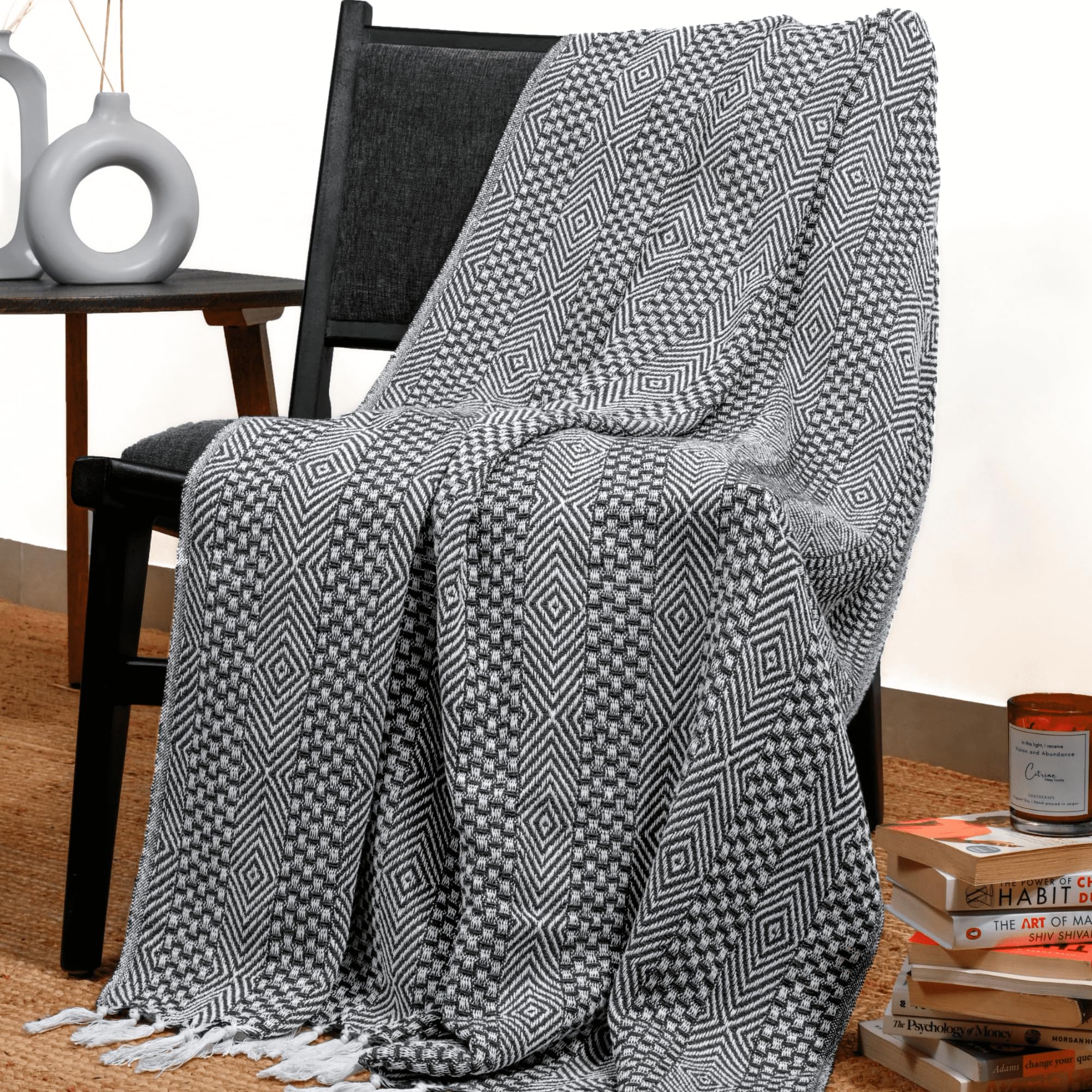 RAJRANG Charcoal Grey Boho Cotton Throw Blanket – 127x152 cm Woven Sofa Throw with Tassels, Rustic Farmhouse Decor for Couch, Bed & Living Room — image 1