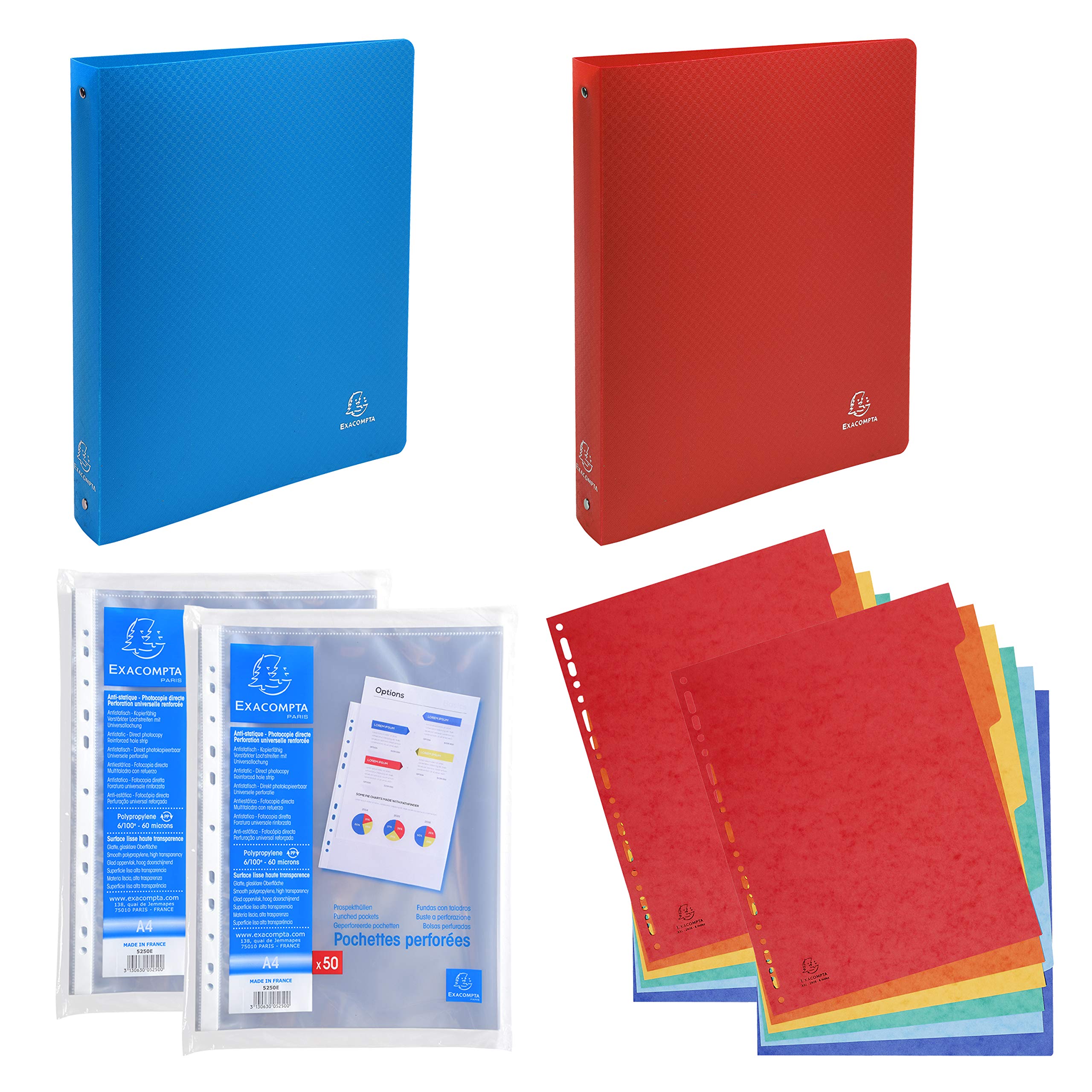 EXACOMPTA PACKRDCAMZE - Set of 2 flexible PP binders + 2 bags of 50 smooth perforated pockets + 2 packs of 6 glossy card dividers
