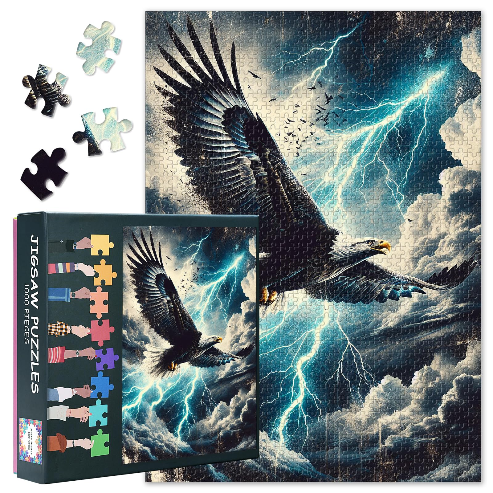 Eagle 1000 Piece Puzzles for Adults, Eagle Piercing Through Clouds and Lightning Jigsaw Puzzles, Impossible Challenging Jigsaw Puzzles for Adults, 19.5 x 27.5 Inch