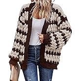 KIRUNDO Womens Cardigan Chunky Fall Fashion Lantern Sleeve Open Front Striped Color Block Cable Knit Winter Sweater Coats