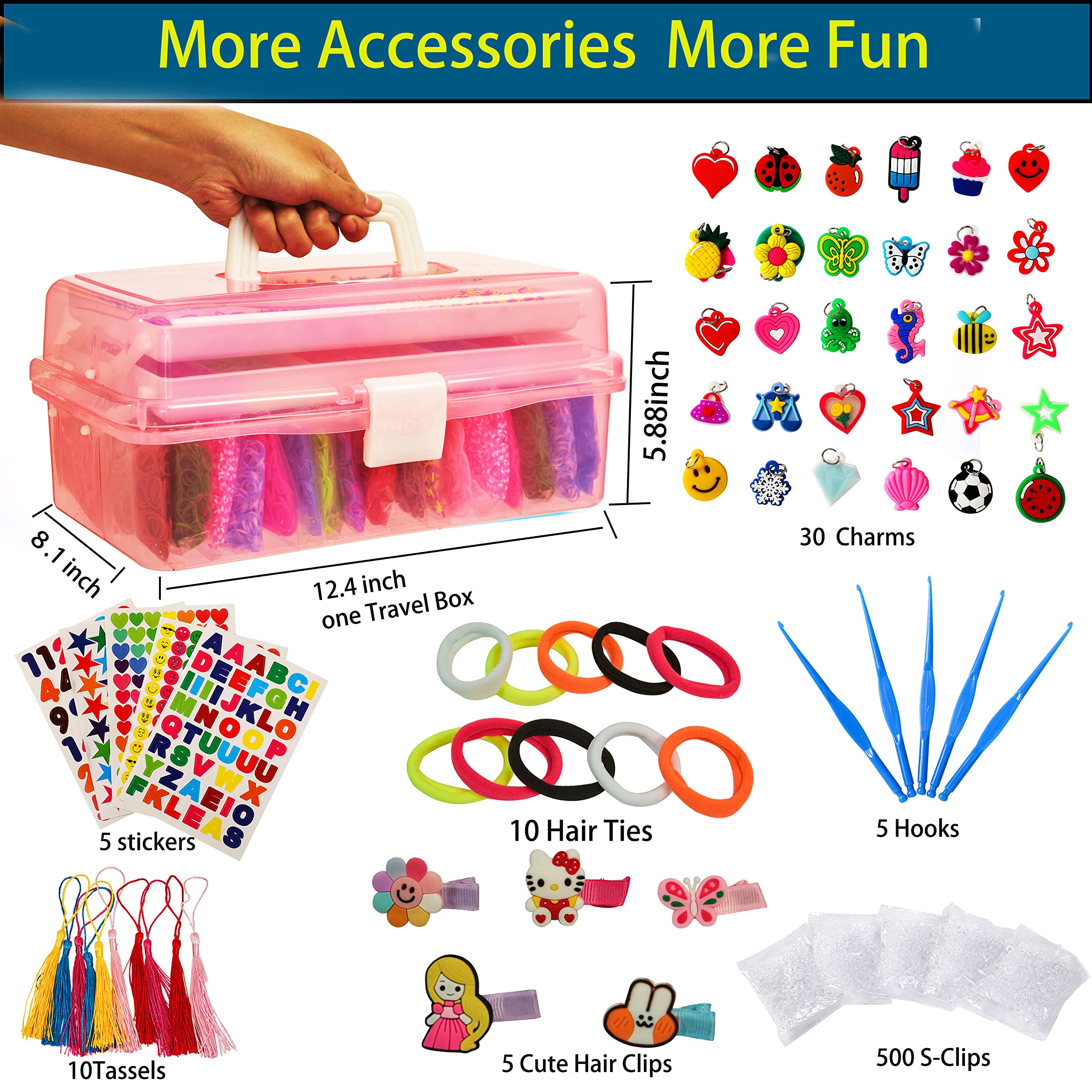 XYTLAX 16800+ Loom Bands Kit with 3 Layer Container, 35 Colors, 500 S-Clips, 300 Beads, 30 Charms, 10 Zipper Hooks, Rubber Bands Bracelet kit, Loom Bracelet Making Kit Creativity Birthday Kits (Pink)