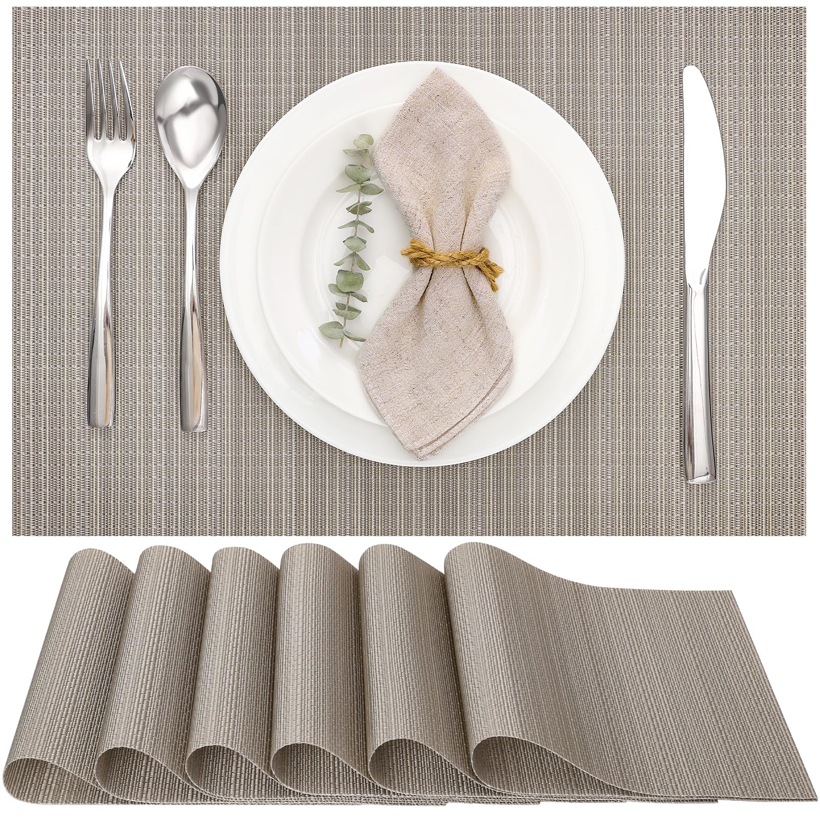 Myir JUN Table Mats Set of 6, Place Mats Table Placemats Washable Non-slip Heat Insulation Woven Vinyl for Kitchen Dinning Restaurant 17"X12" (Silver Golden)