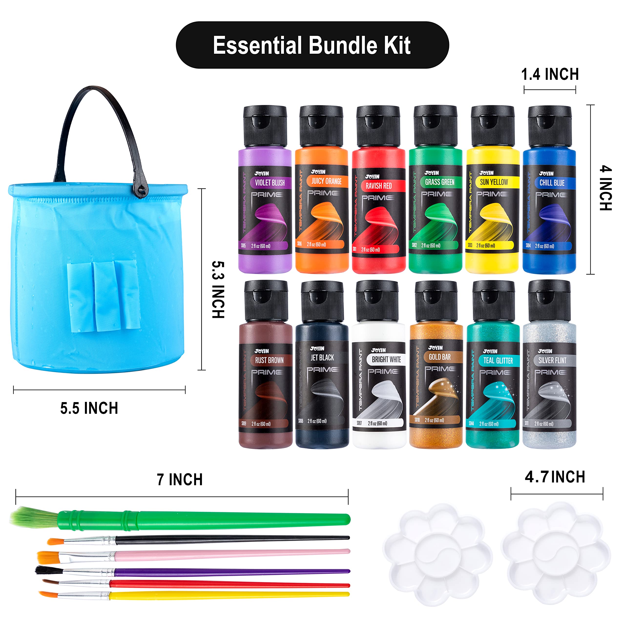 JOYIN 12PCS Washable Kids Tempera Paint Set (2 oz Each), 6 Brushes, 2 Palette & 1 Stretchable Washing Bucket, Non-Toxic Kids Liquid Paint for Arts and Crafts Project, Finger Painting, Hobby Painters