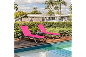 DOMI OUTDOOR LIVING Domi Pool Lounge Chairs Set of 2 with Side Table, Aluminum Adjustable Outdoor Chaise Lounge with Wheels, All Weather Poolside Chairs for Deck Lawn Patio Backyard, Textilene (Pink)