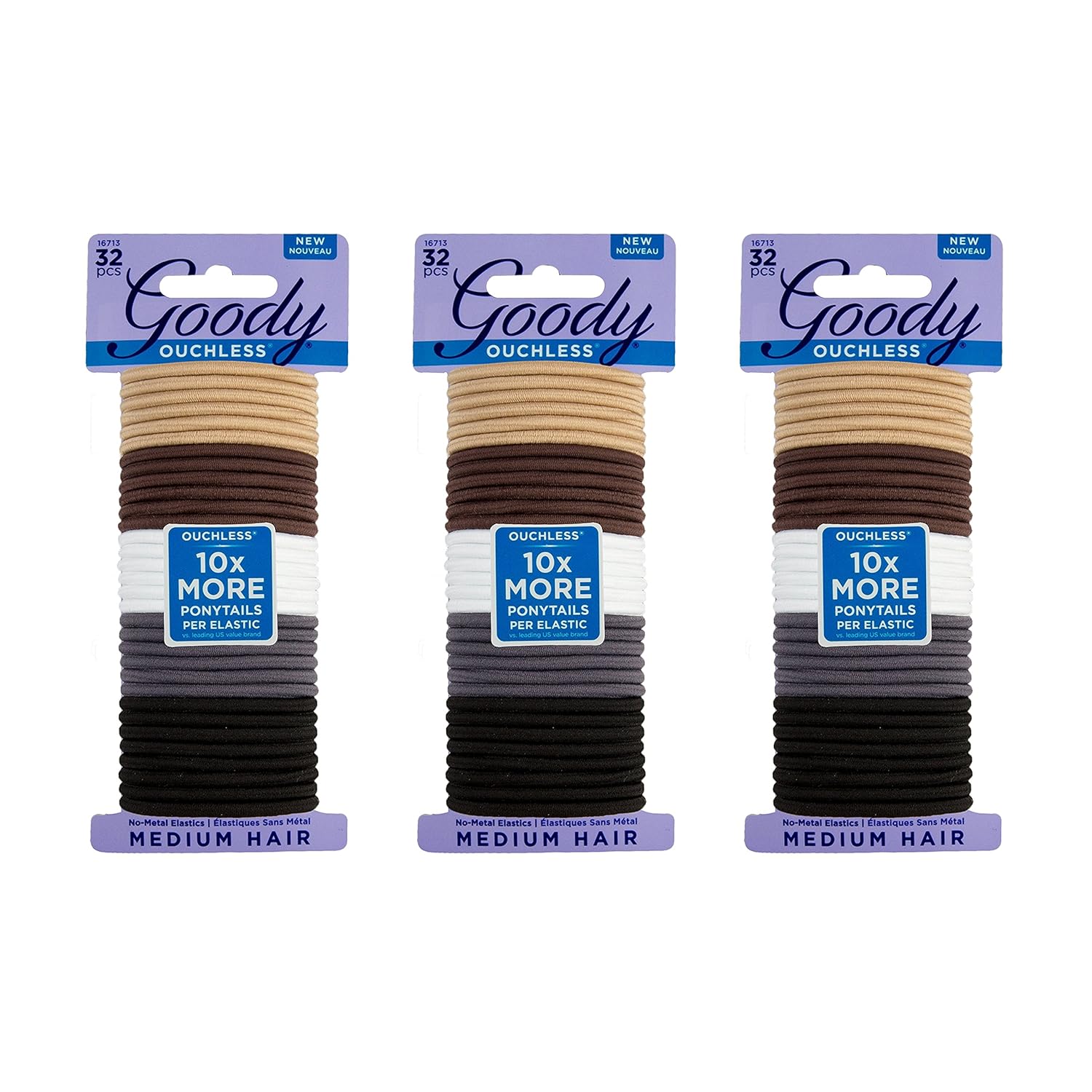 Goody Ouchless Women's Braided Elastics, Java Bean Neutral, 4MM for Medium Hair, 32 Count (Pack of 3)