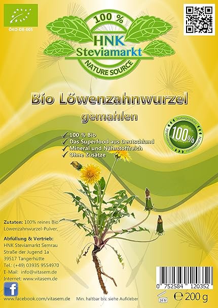 Bio Löwenzahnwurzel gemahlen 100 Prozent Rein, Natürliches Pulver - Ohne Zusätze | Superfood aus Deutschland | Hergestellt un