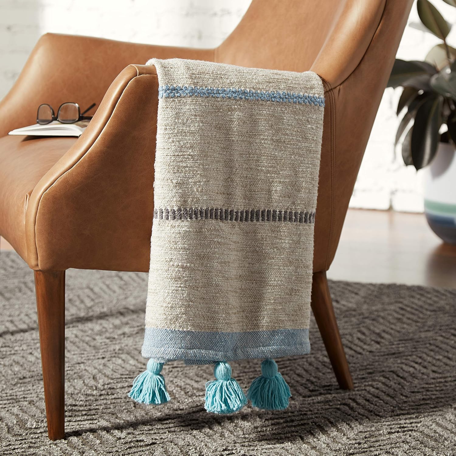 Rivet Modern Throw Blanket with Tassels - 50 x 60 Inch, Blue / Grey