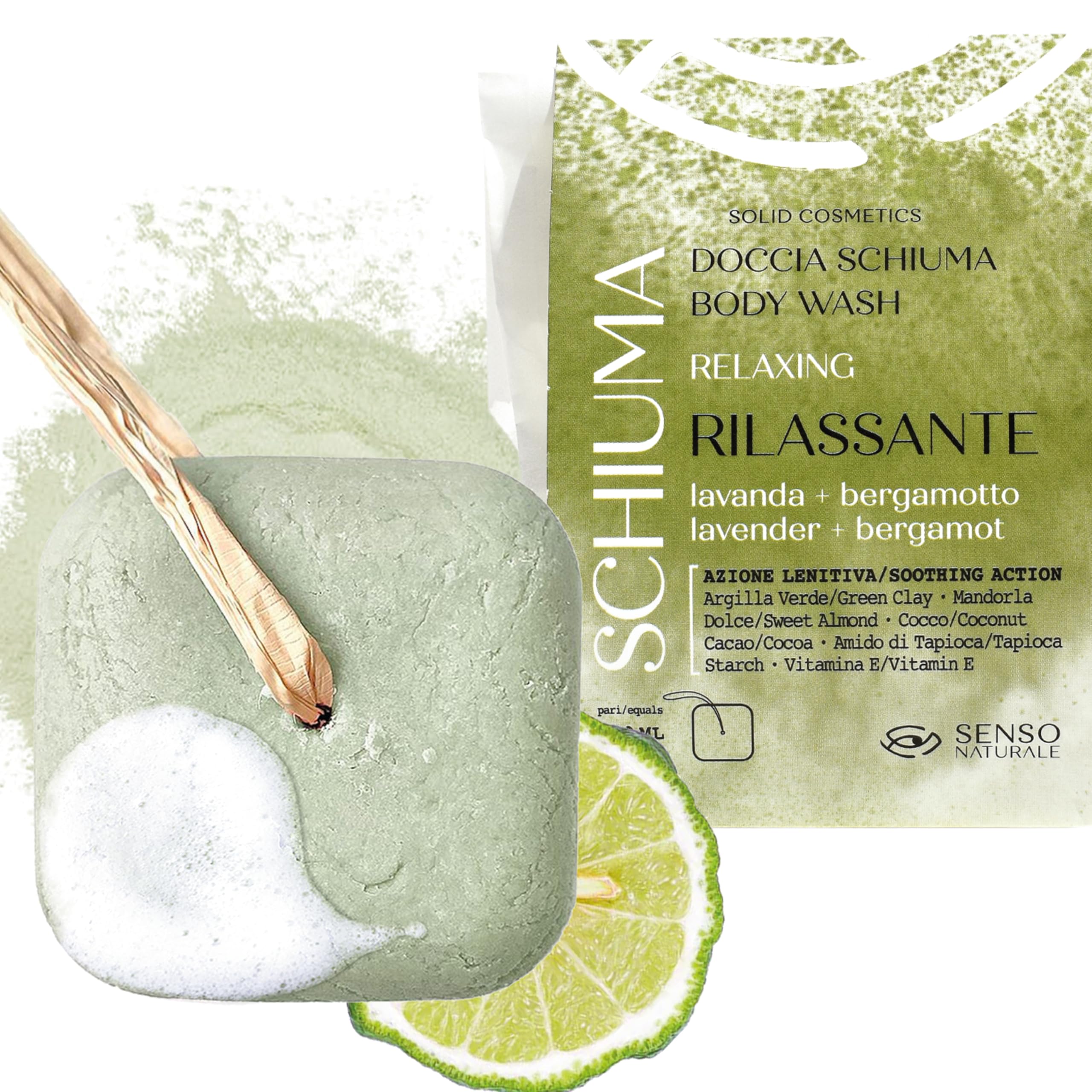 Senso Naturale Solid Shower Foam Relaxing Clay with Green Clay and Tapioca Starch, Hydrates and Revitalises Skin, Equivalent to 750 ml Liquid, Natural and Organic